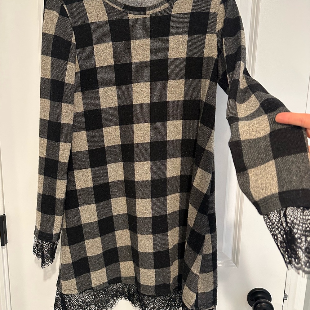 Plaid Black and Cream Women's Dress with Lace Trim